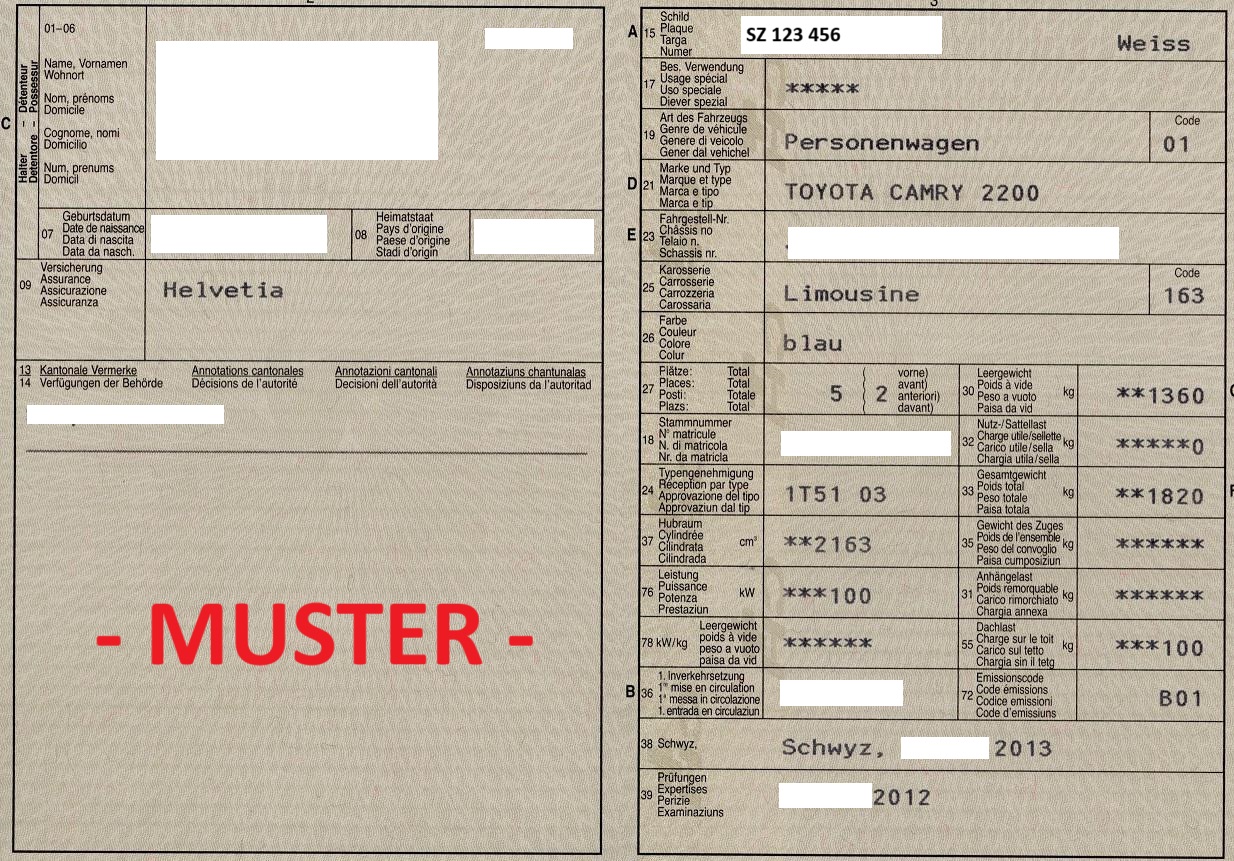 Originalscan eines anonymisierten Schweizer Muster-Fahrzeugausweises